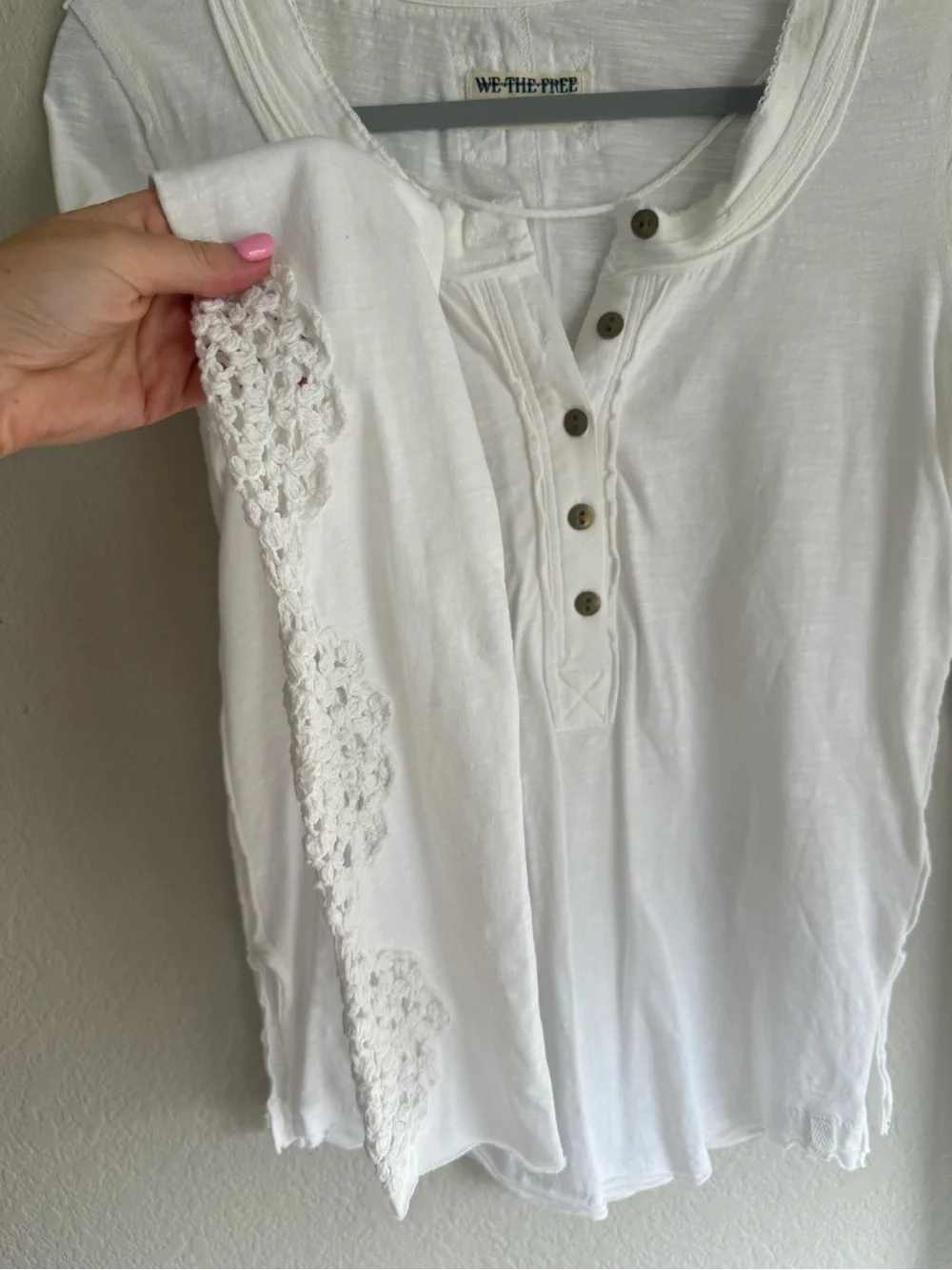 Free People Our Song White Long Sleeve Henley with Lace Elbow Panels NEW